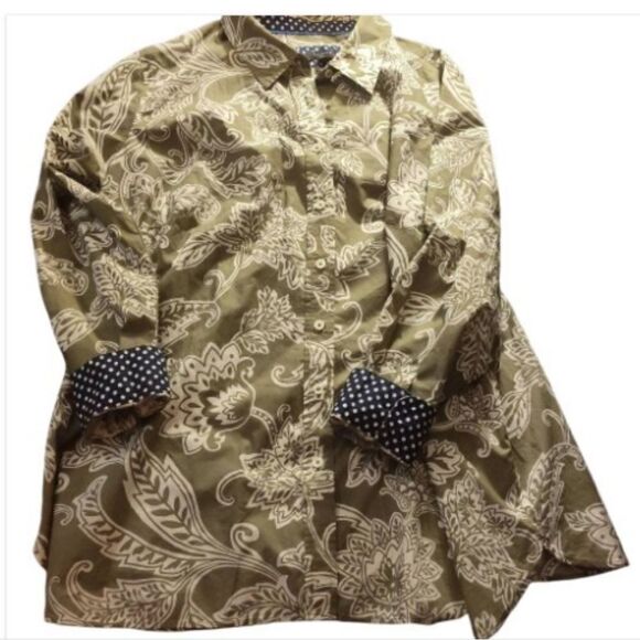 Talbot green/cream leaf button up shirt, trimmed polka dots, nwt - Picture 2 of 7